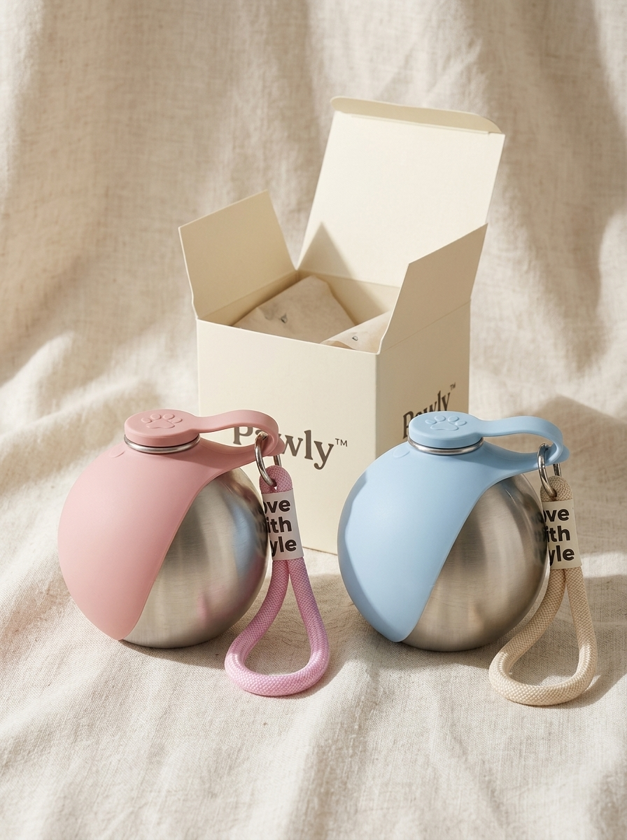 Gourde Pawly Hydro 2-en-1 pour chien, disponibles en rose poudré et bleu pastel